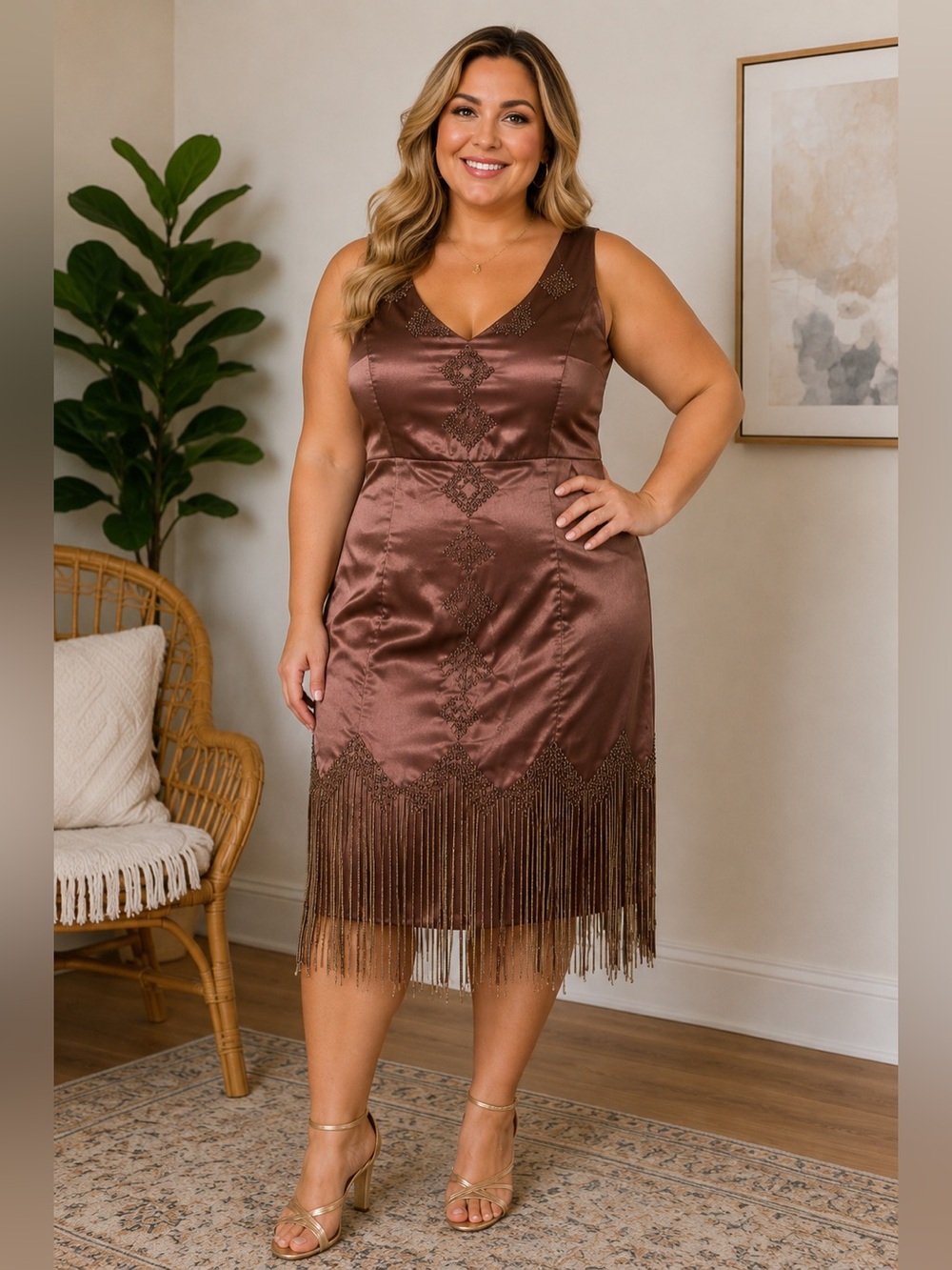 Metrostyle Brown Satin Beaded Fringe V-Neck Sleeveless Dress size 12